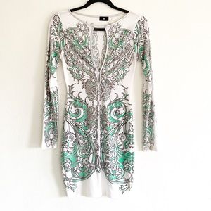 Long Sleeve Mini Printed Dress White|Green|Silver